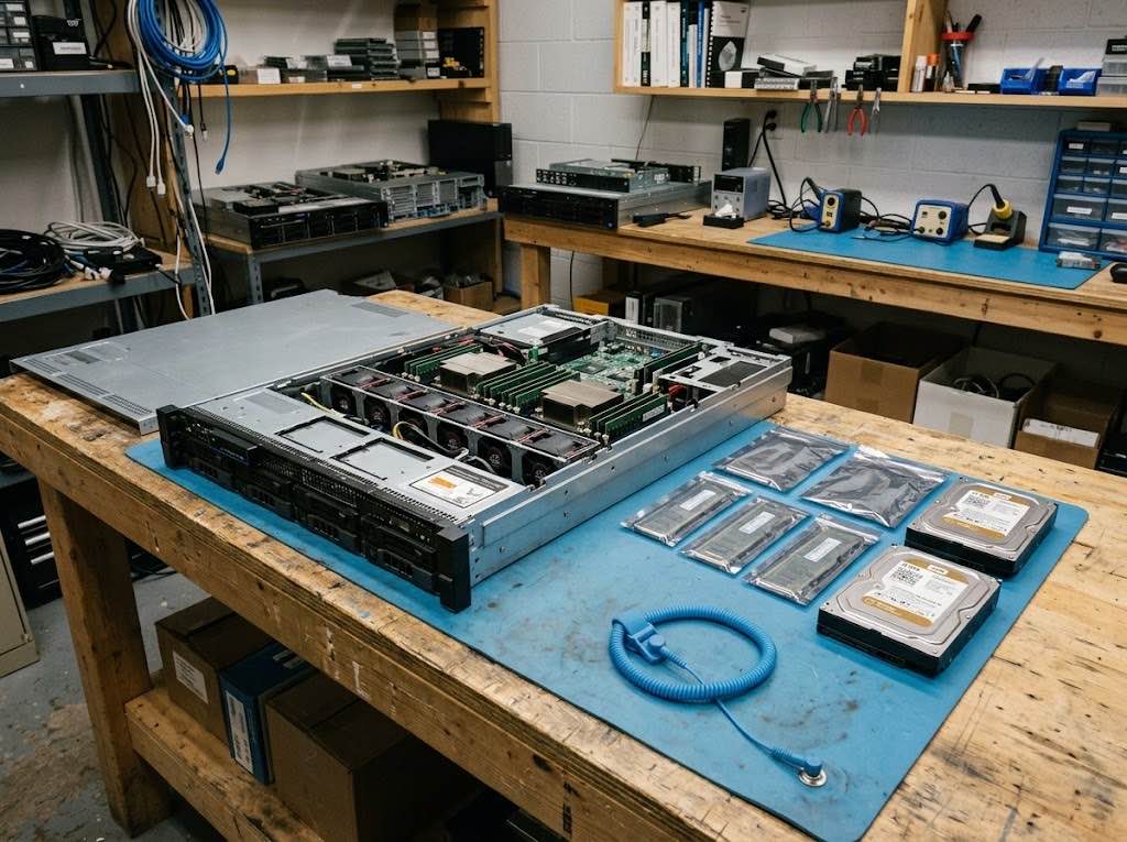 Etabli de reparation informatique avec un serveur rack ouvert et des composants