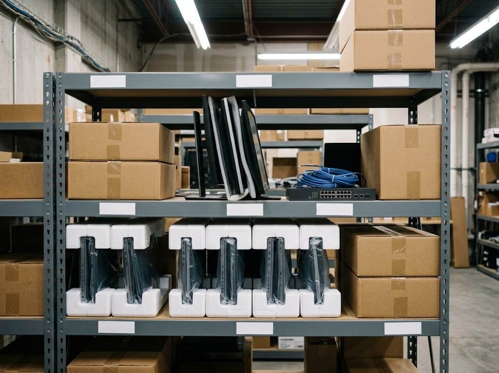 Warehouse shelving with new boxed laptops, monitors and a network switch