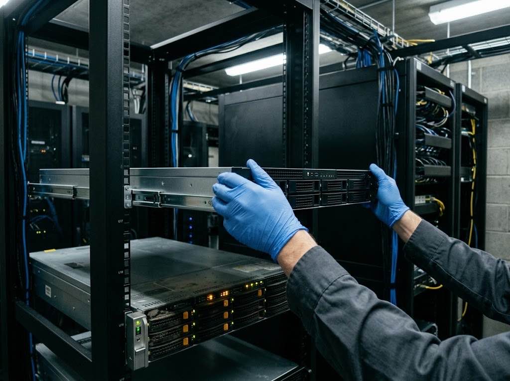 A new rack server sliding into its rails above an existing server
