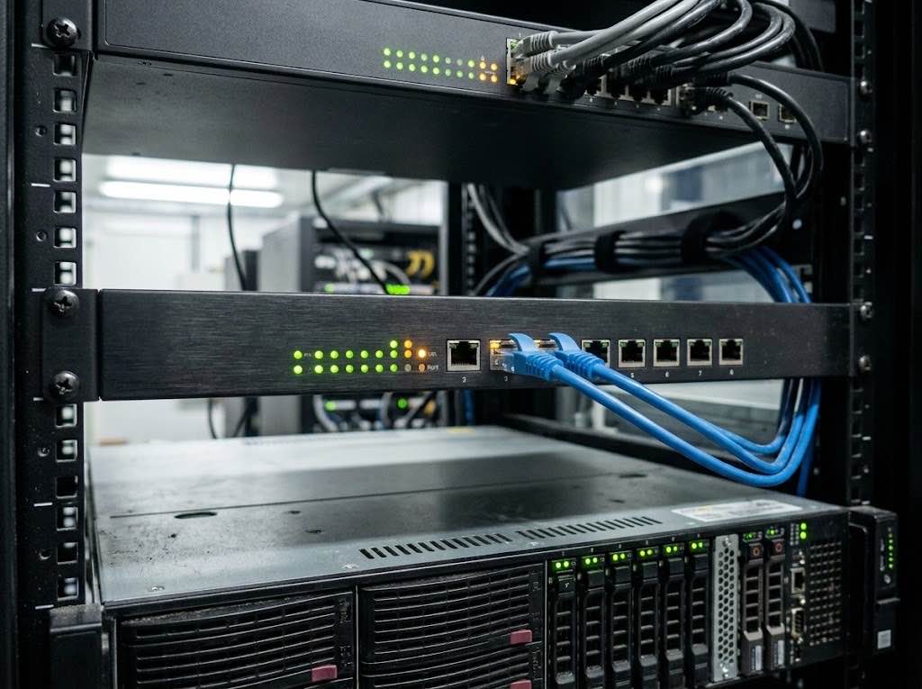 A rack-mounted firewall appliance with status lights and network cables connected