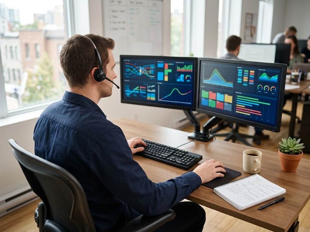 A support technician wearing a headset in front of two monitoring screens