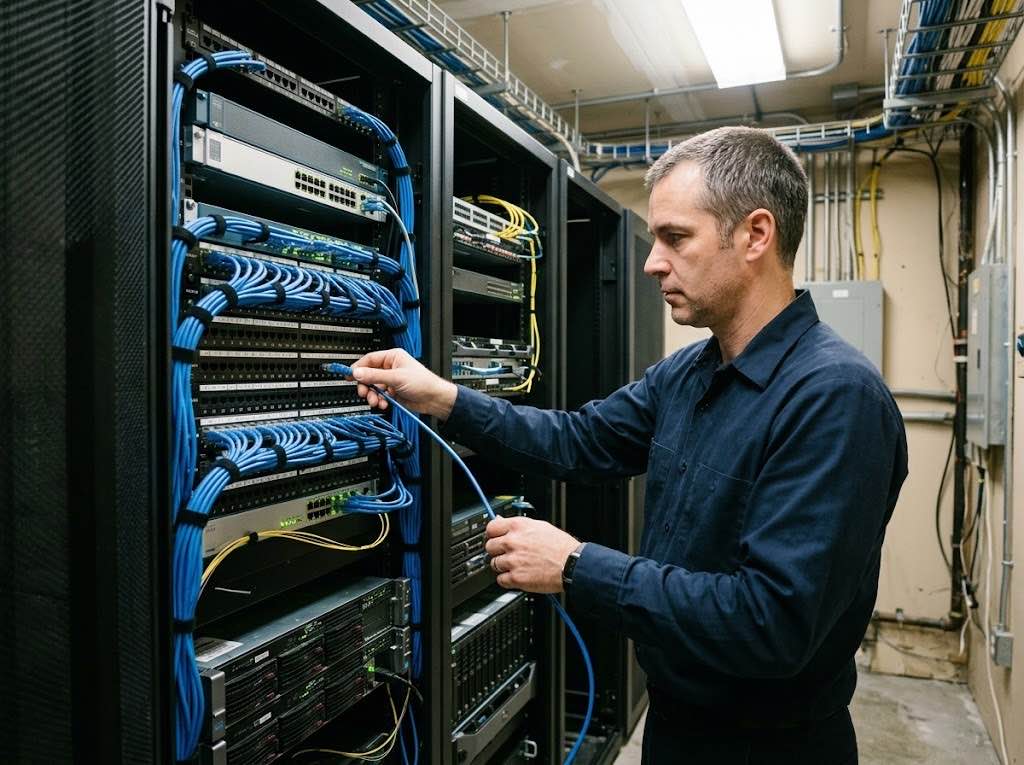 A Lauserco technician plugging a network cable into a server rack